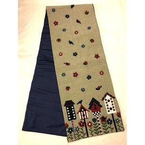 Bird House Floral Table Runner 13 x 71 Woven Patriotic July 4th OFF THE LOOM